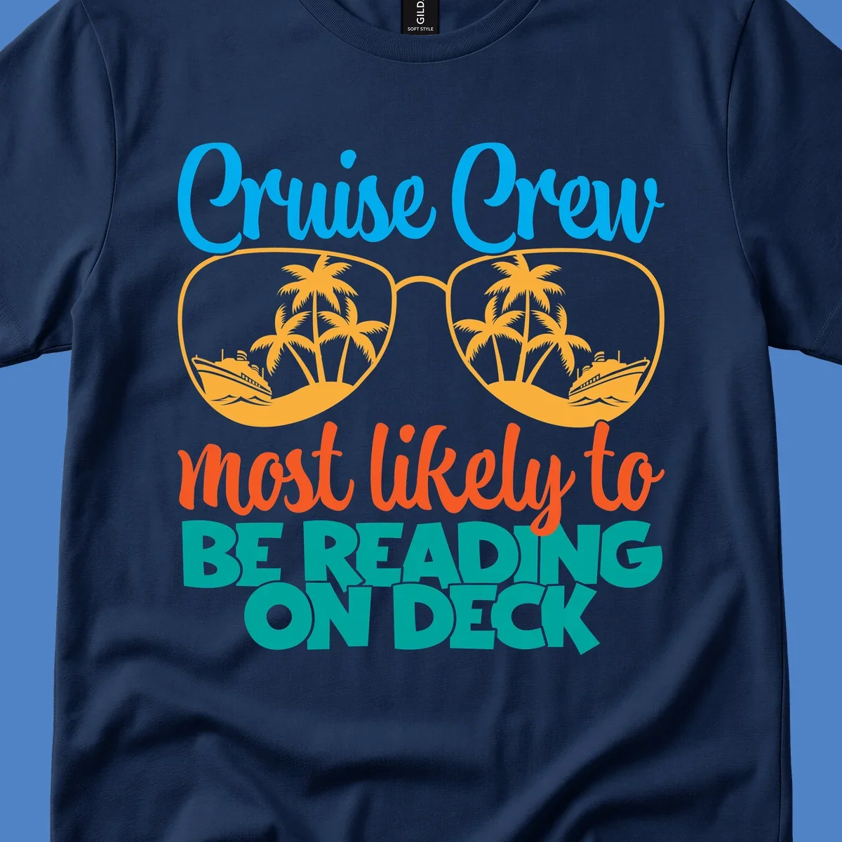 Cruise crew reading ondeck design with sunglasses containing tropical beach and ship scenes, playful text overlay