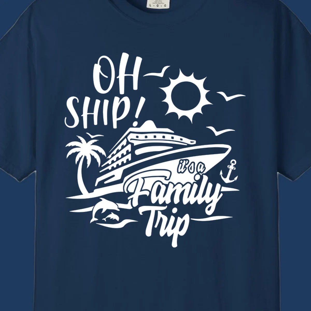 Oh ship family cruise design with cruise ship, sun, palm tree, dolphins, and anchor on tropical ocean scene.