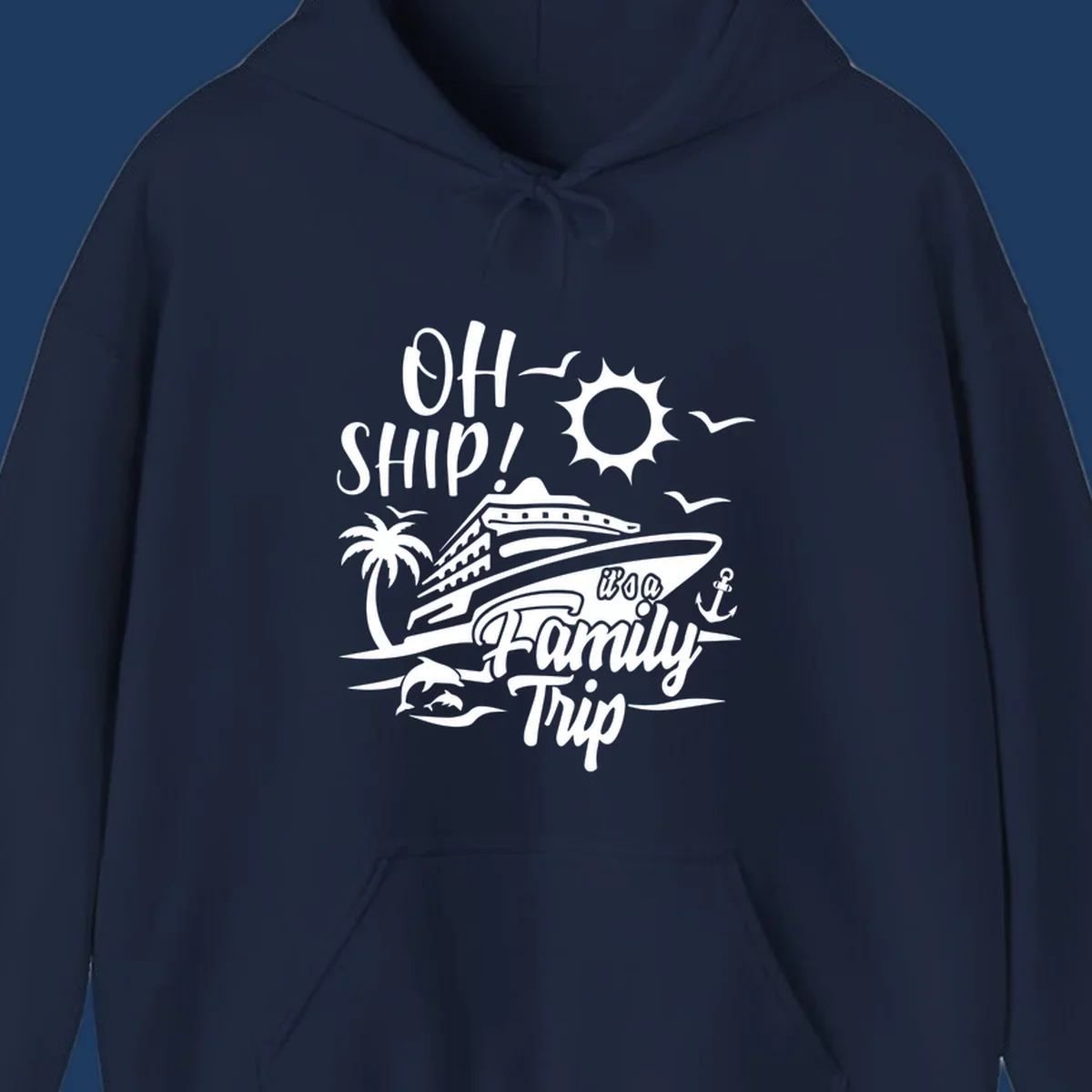 Oh ship family cruise design with cruise ship, sun, palm tree, dolphins, and anchor on tropical ocean scene.