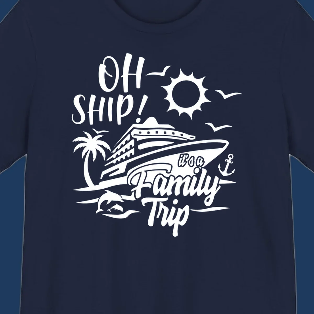 Oh ship family cruise design with cruise ship, sun, palm tree, dolphins, and anchor on tropical ocean scene.