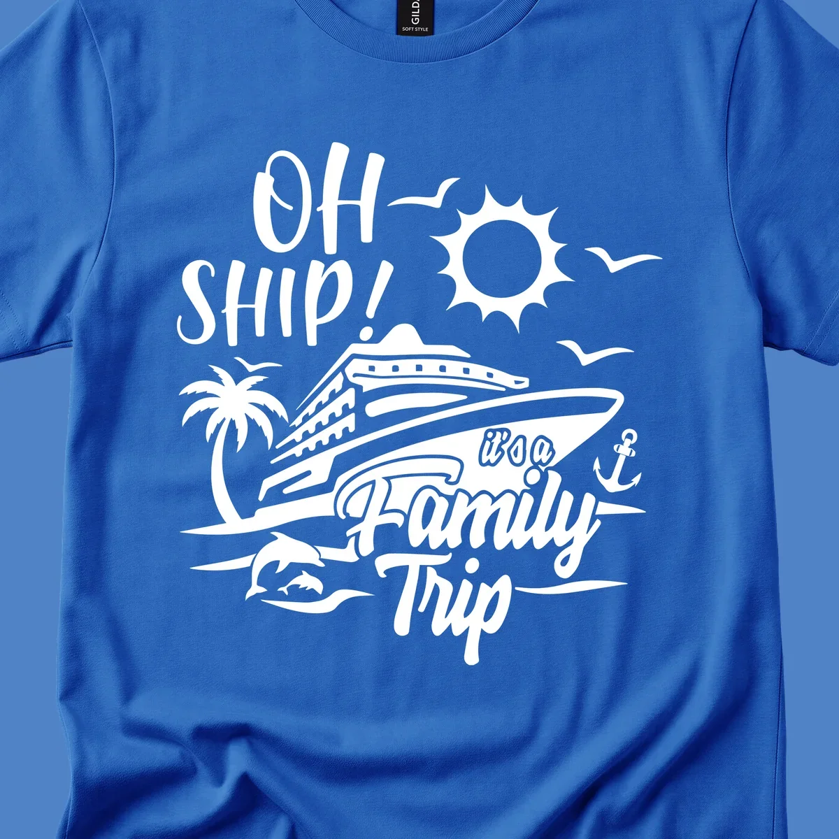 Oh ship family cruise design with cruise ship, sun, palm tree, dolphins, and anchor on tropical ocean scene.