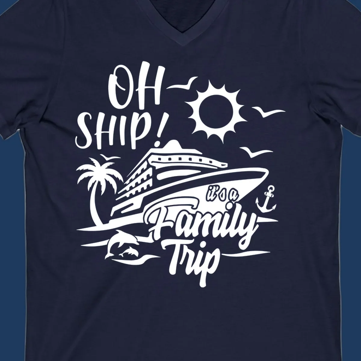Oh ship family cruise design with cruise ship, sun, palm tree, dolphins, and anchor on tropical ocean scene.
