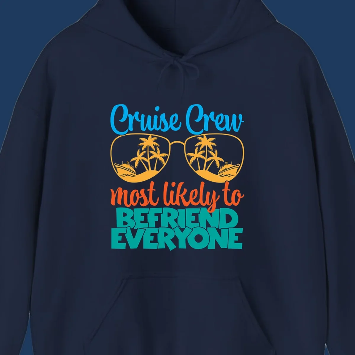 Cruise crew most likely to befriend everyone design with sunglasses reflecting tropical islands and ships