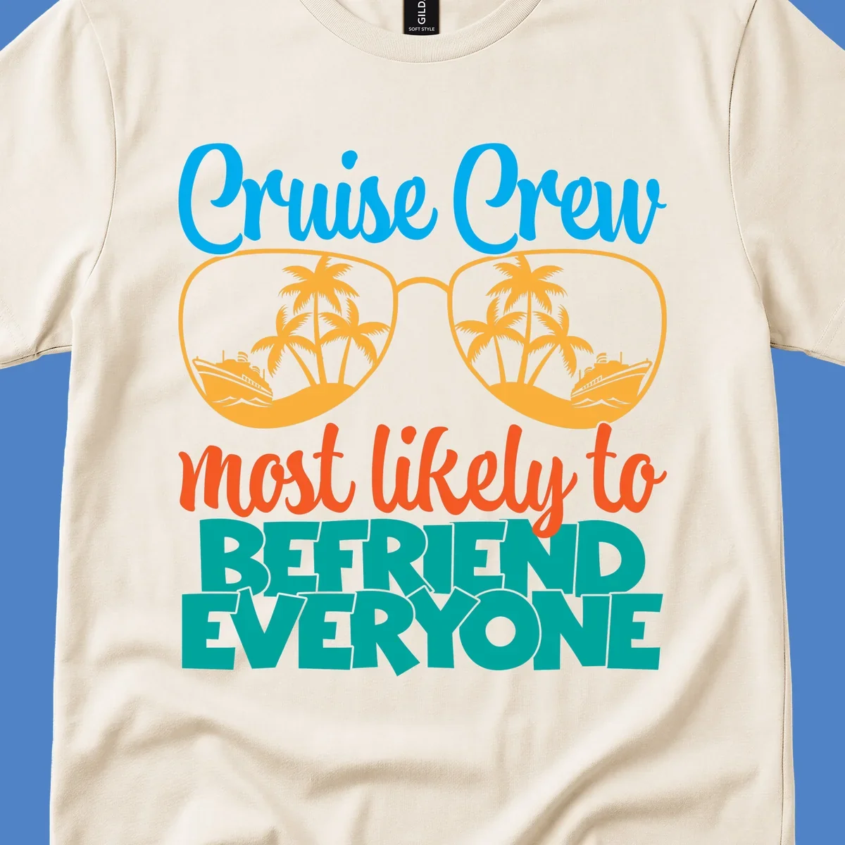 Cruise crew most likely to befriend everyone design with sunglasses reflecting tropical islands and ships