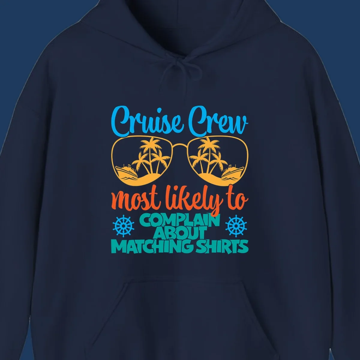 Cruise crew matching shirts design with sunglasses containing tropical beach scenes, palm trees, and ships with humorous complaint text