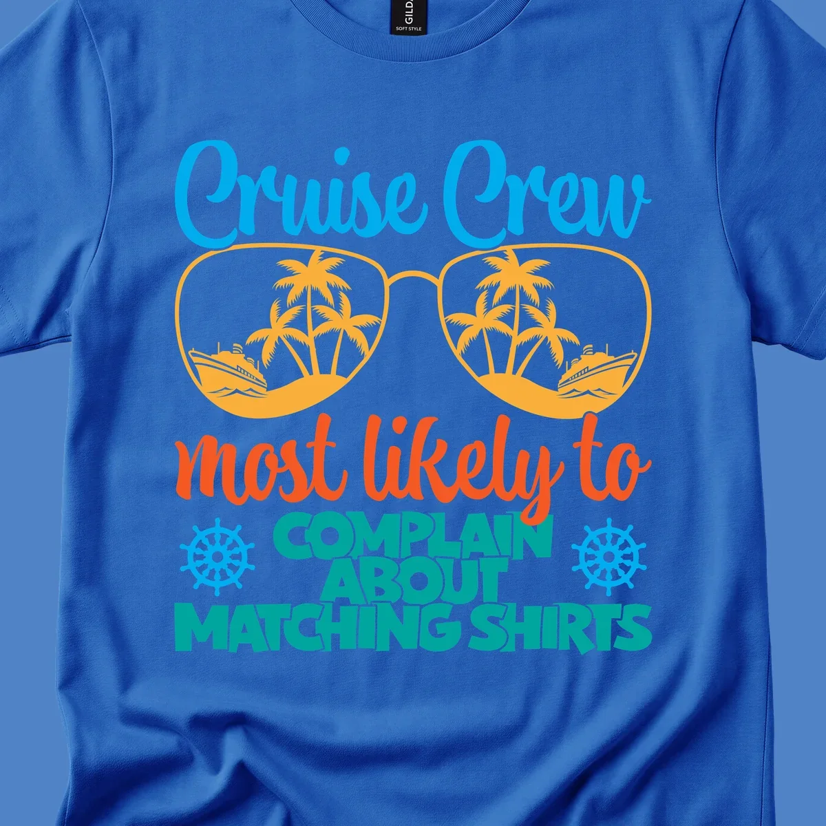 Cruise crew matching shirts design with sunglasses containing tropical beach scenes, palm trees, and ships with humorous complaint text