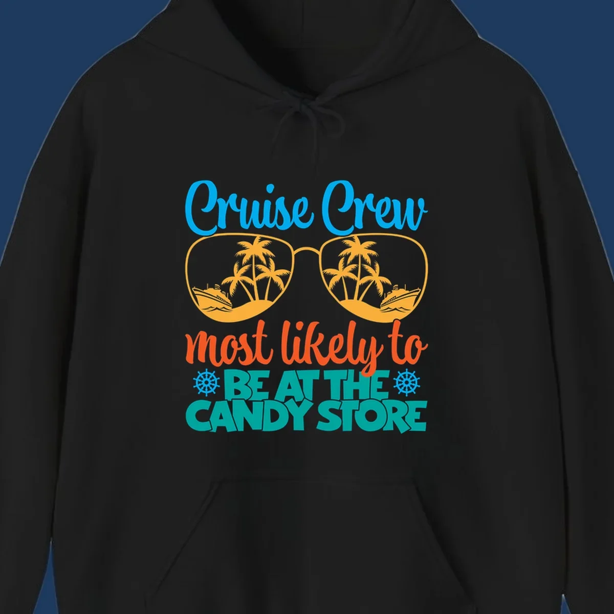 Colorful cruise crew graphic with sunglasses containing palm trees and ships, text reads 'most likely to breathe candy store'