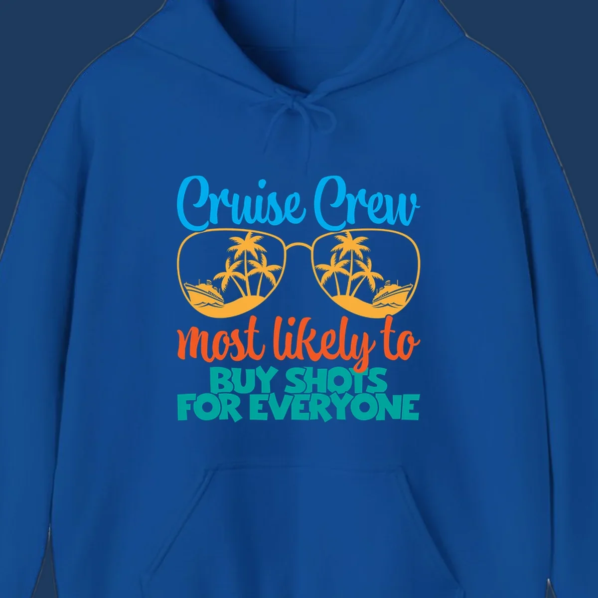 Cruise crew most likely to buy shots design with tropical sunglasses, palm trees, ships, and bold text on gray background
