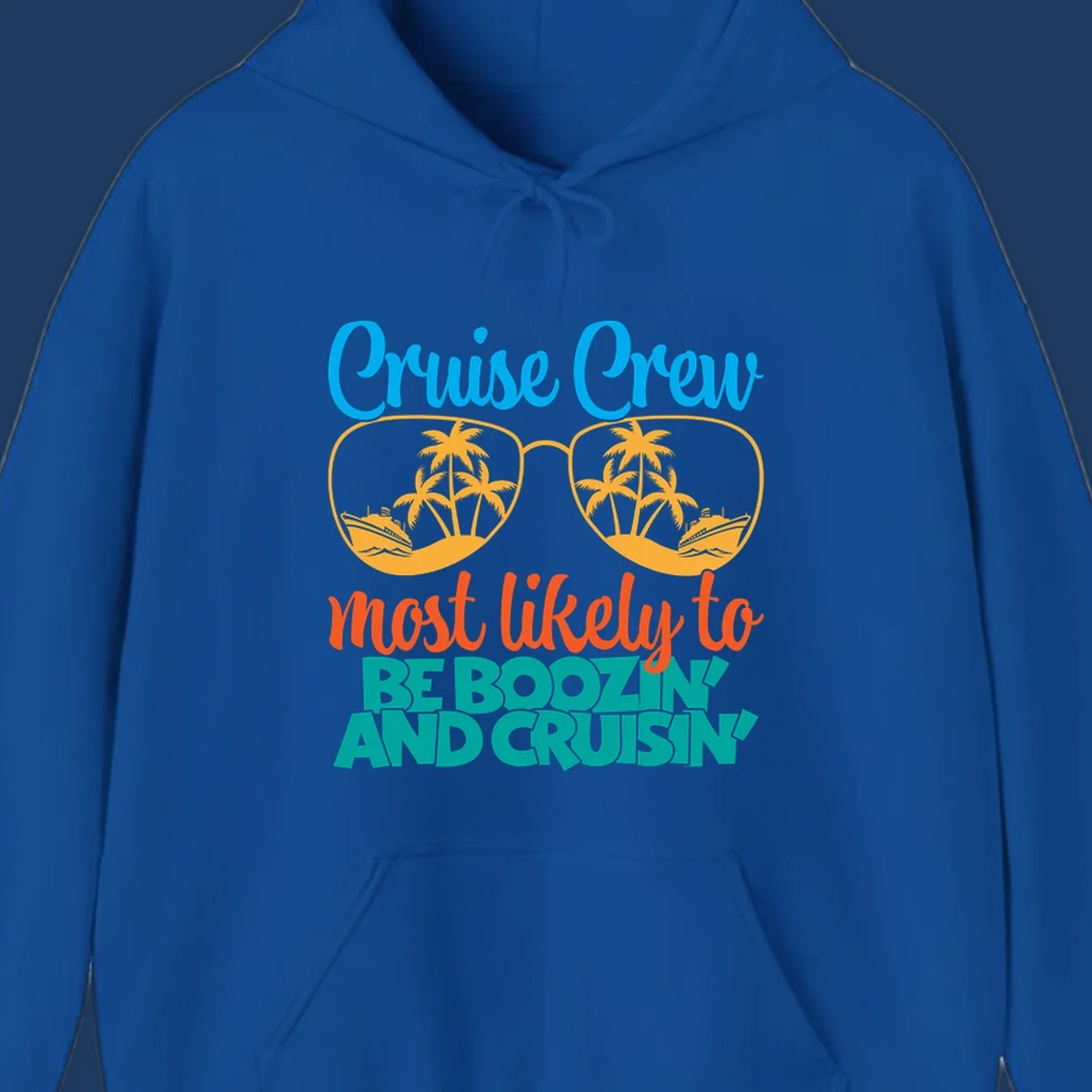 Cruise crew boozing design with sunglasses showing tropical island and ship scenes, playful text about cruising