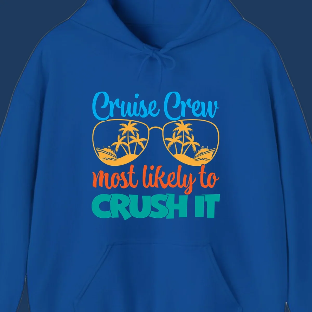 Cruise crew most likely to crush it design with sunglasses containing palm trees and ships, colorful text on gray background