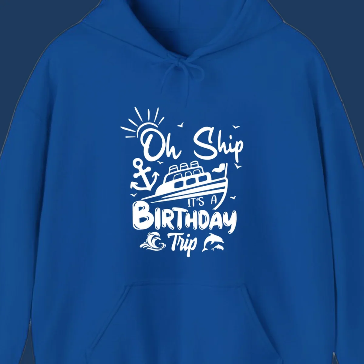 Oh Ship It's A Birthday Trip cruise design with ship, anchor, sun, seagulls, waves, and dolphins on gray background