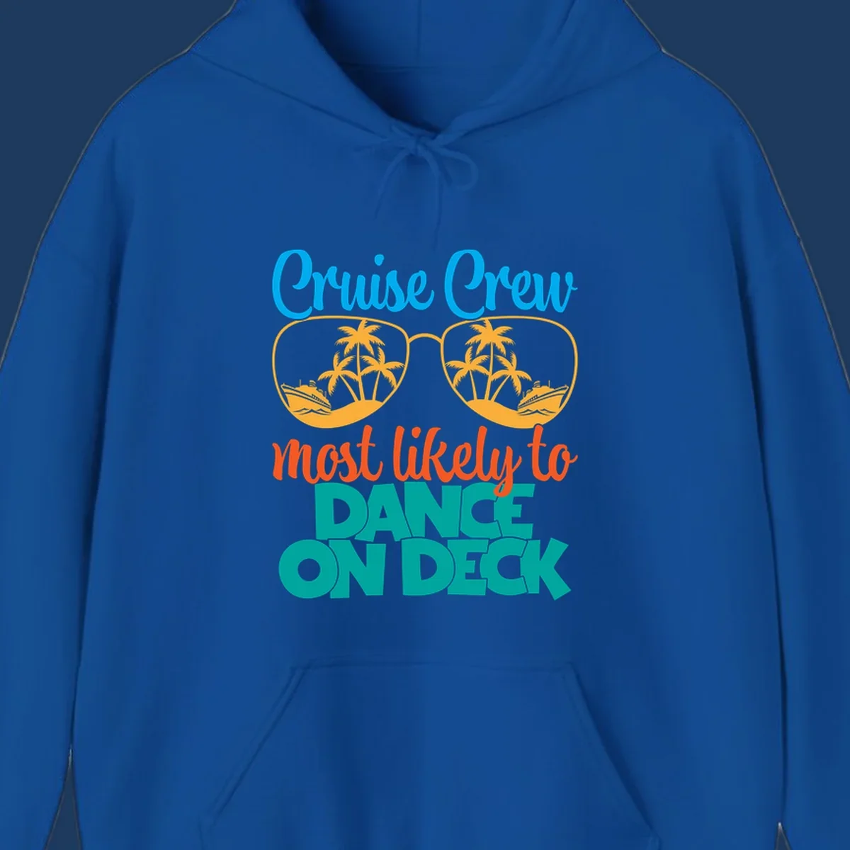 Cruise crew most likely to dance on deck design with sunglasses, palm trees, and cruise ships on gray background
