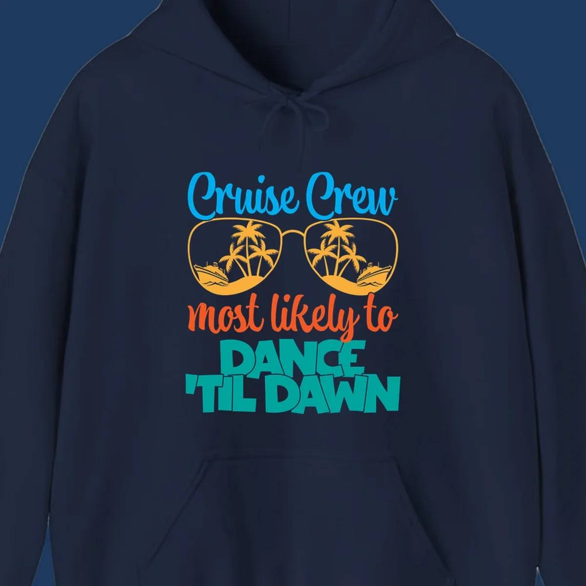 Colorful cruise crew dance till dawn design with sunglasses, palm trees, and ships in tropical scene
