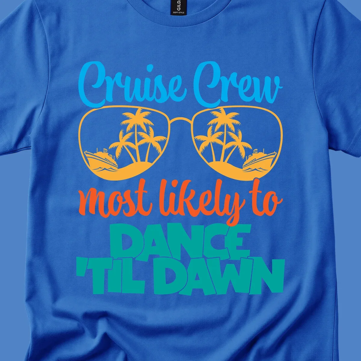 Colorful cruise crew dance till dawn design with sunglasses, palm trees, and ships in tropical scene