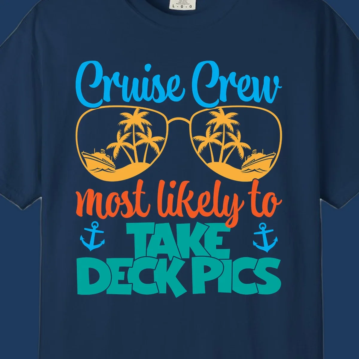 Colorful cruise crew deckpics design with sunglasses reflecting palm trees and ships, anchors, and bold tropical text