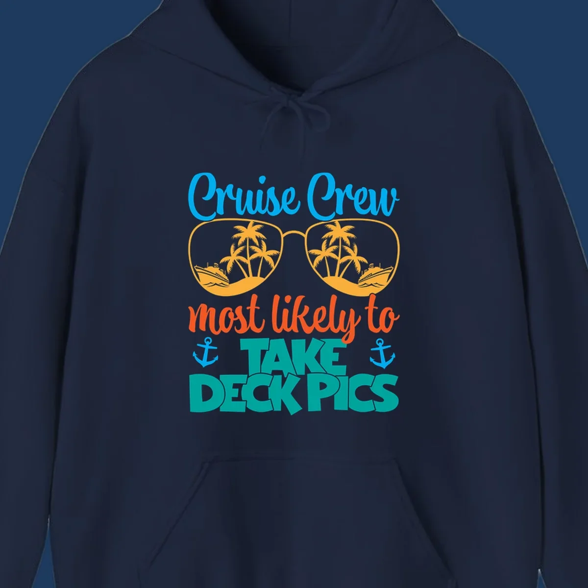 Colorful cruise crew deckpics design with sunglasses reflecting palm trees and ships, anchors, and bold tropical text
