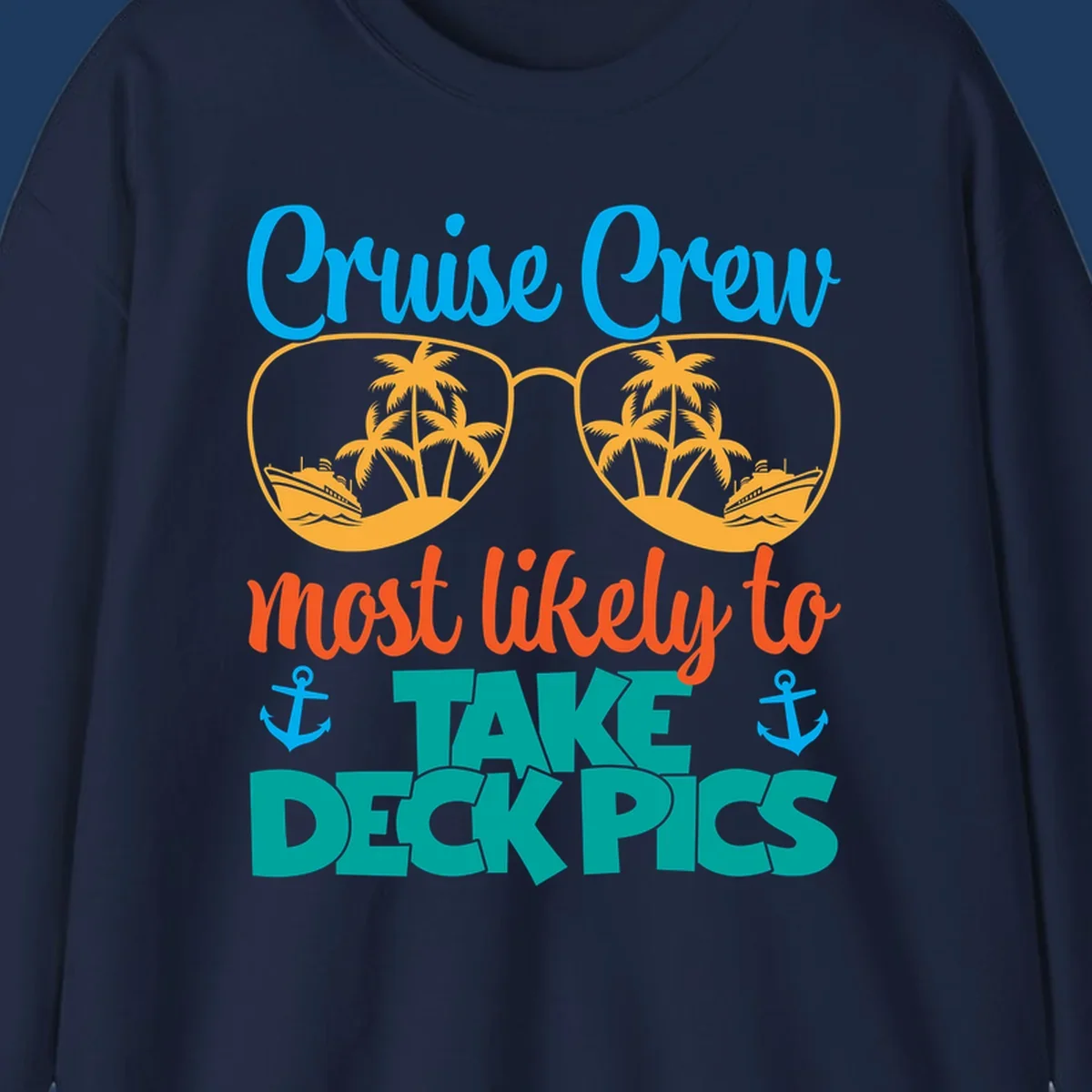 Colorful cruise crew deckpics design with sunglasses reflecting palm trees and ships, anchors, and bold tropical text