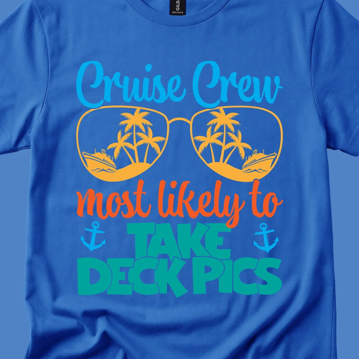 Colorful cruise crew deckpics design with sunglasses reflecting palm trees and ships, anchors, and bold tropical text