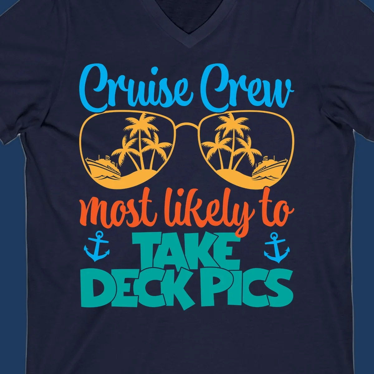 Colorful cruise crew deckpics design with sunglasses reflecting palm trees and ships, anchors, and bold tropical text