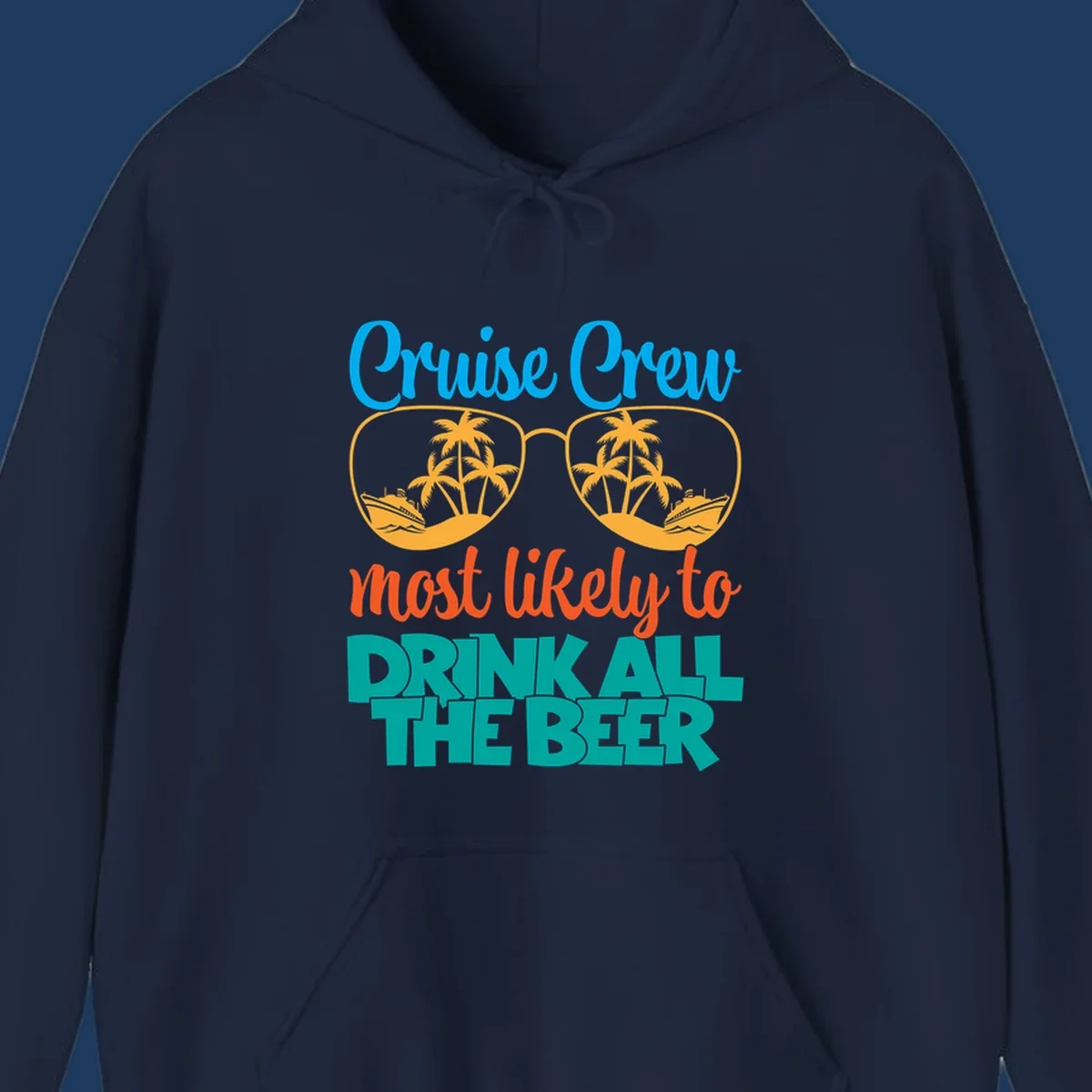 Colorful sunglasses design with palm trees and ships showing 'Cruise Crew Most Likely to Drink All the Beer' text