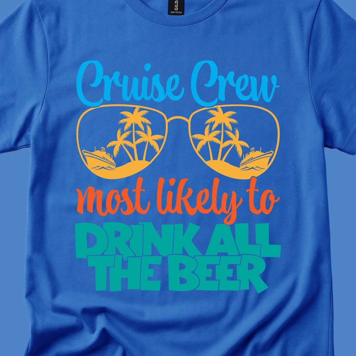 Colorful sunglasses design with palm trees and ships showing 'Cruise Crew Most Likely to Drink All the Beer' text