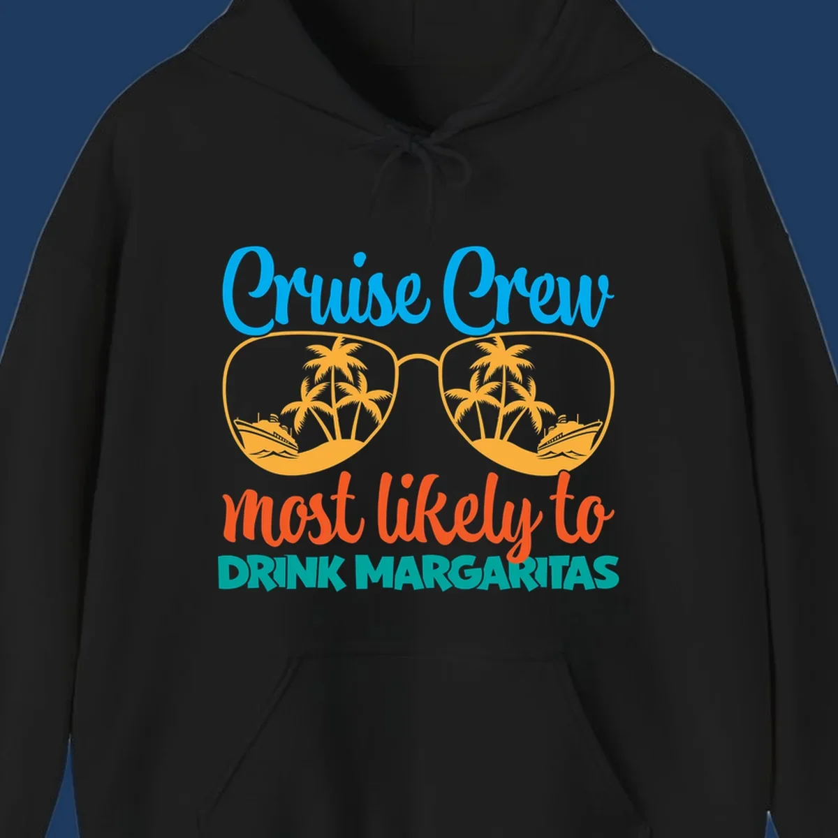 Cruise crew margaritas design with sunglasses containing palm trees and ships, blue and orange text on gray background