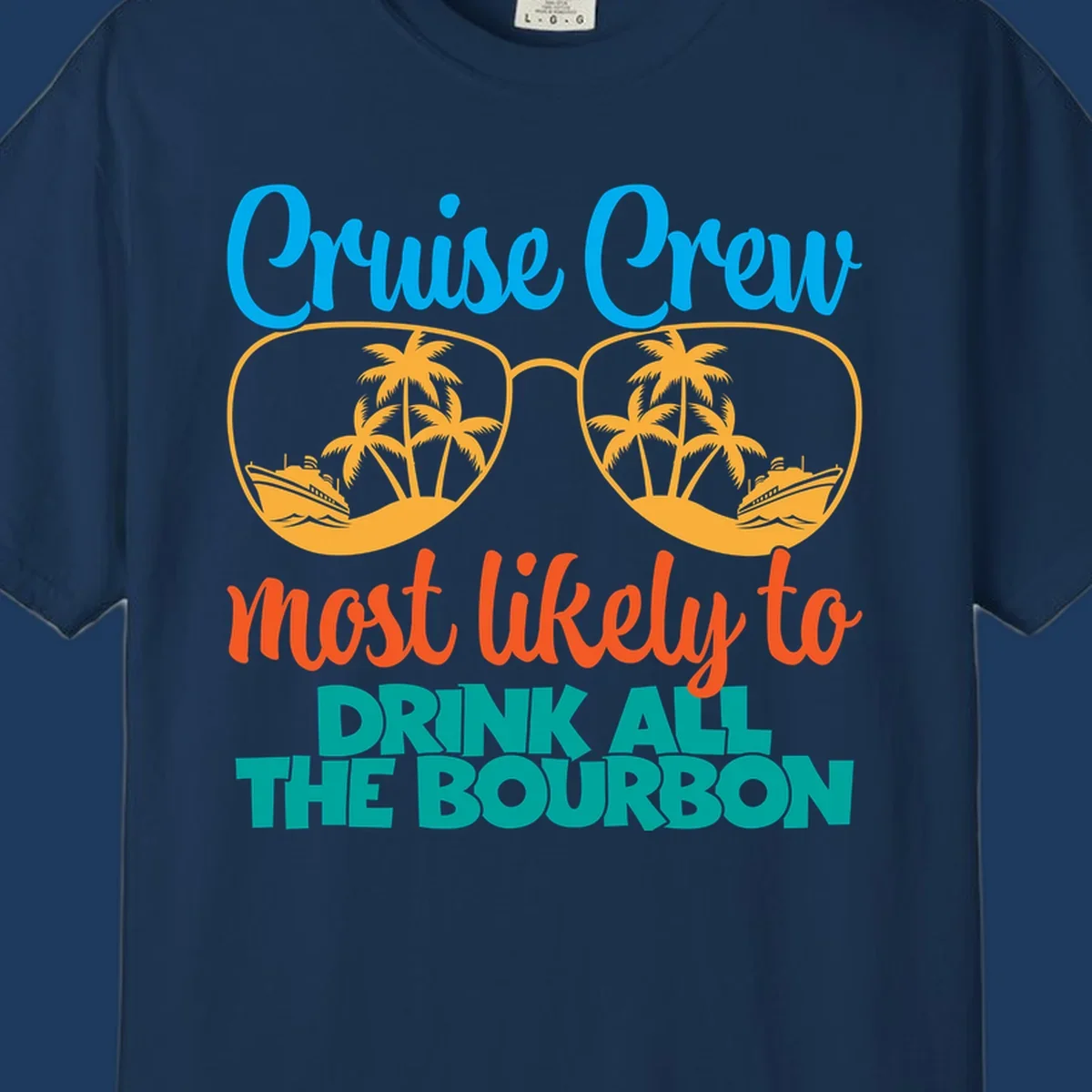 Cruise crew bourbon design with sunglasses containing tropical beach scenes and palm trees, featuring playful text about drinking bourbon on vacation