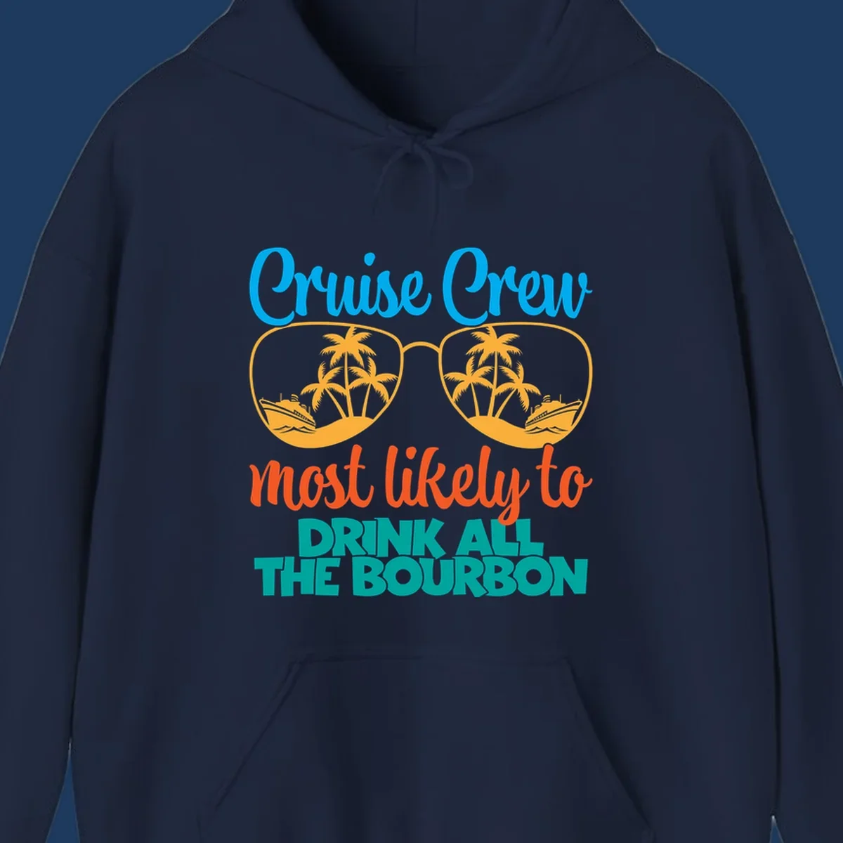 Cruise crew bourbon design with sunglasses containing tropical beach scenes and palm trees, featuring playful text about drinking bourbon on vacation