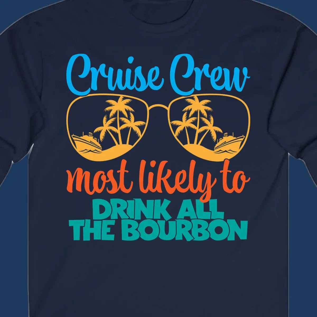 Cruise crew bourbon design with sunglasses containing tropical beach scenes and palm trees, featuring playful text about drinking bourbon on vacation