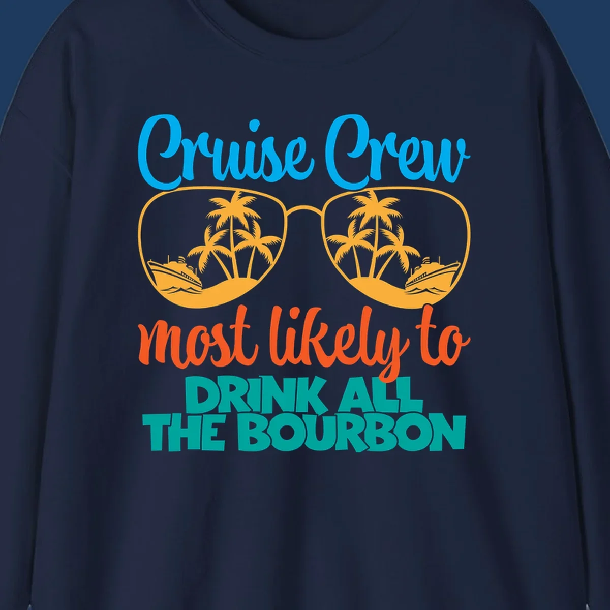 Cruise crew bourbon design with sunglasses containing tropical beach scenes and palm trees, featuring playful text about drinking bourbon on vacation