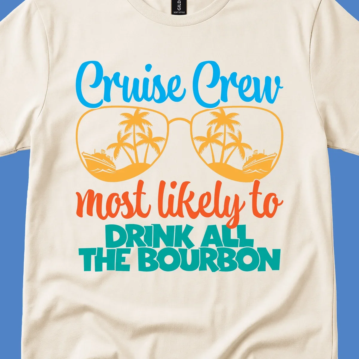 Cruise crew bourbon design with sunglasses containing tropical beach scenes and palm trees, featuring playful text about drinking bourbon on vacation