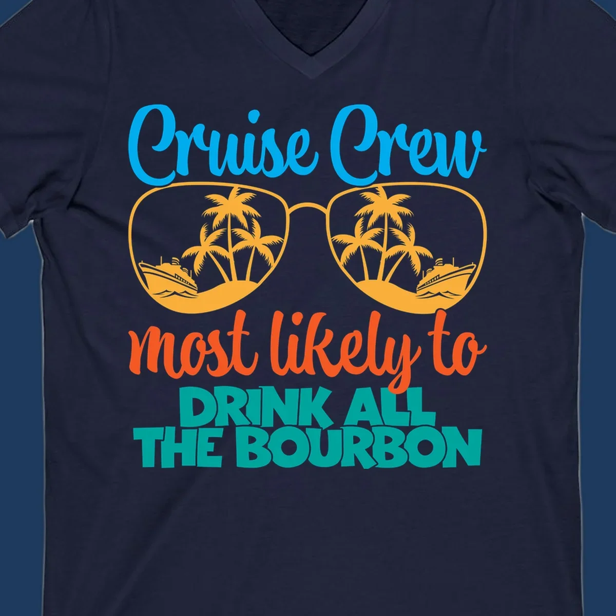 Cruise crew bourbon design with sunglasses containing tropical beach scenes and palm trees, featuring playful text about drinking bourbon on vacation