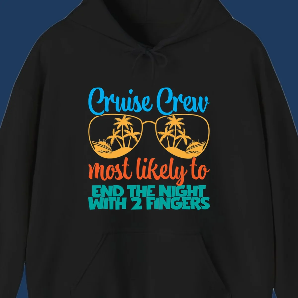 Cruise crew most likely to end the night with two fingers design featuring sunglasses with tropical beach and ship scenes inside