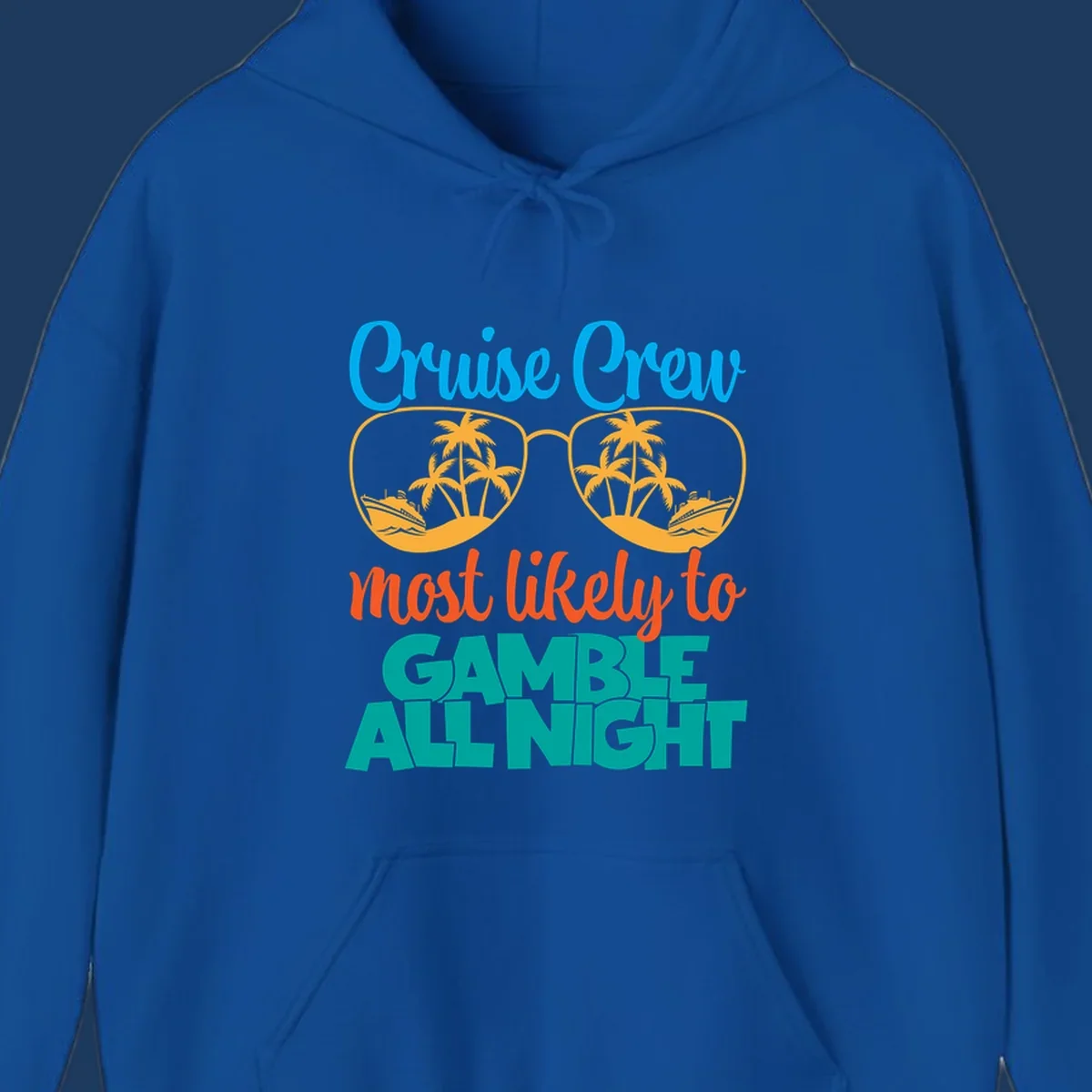 Cruise crew gamble all night design with sunglasses reflecting tropical beach and ship scenes
