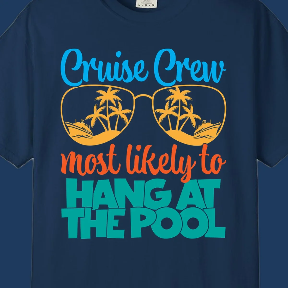 Cruise crew pool hang design with sunglasses, palm trees, and cruise ships in tropical scene