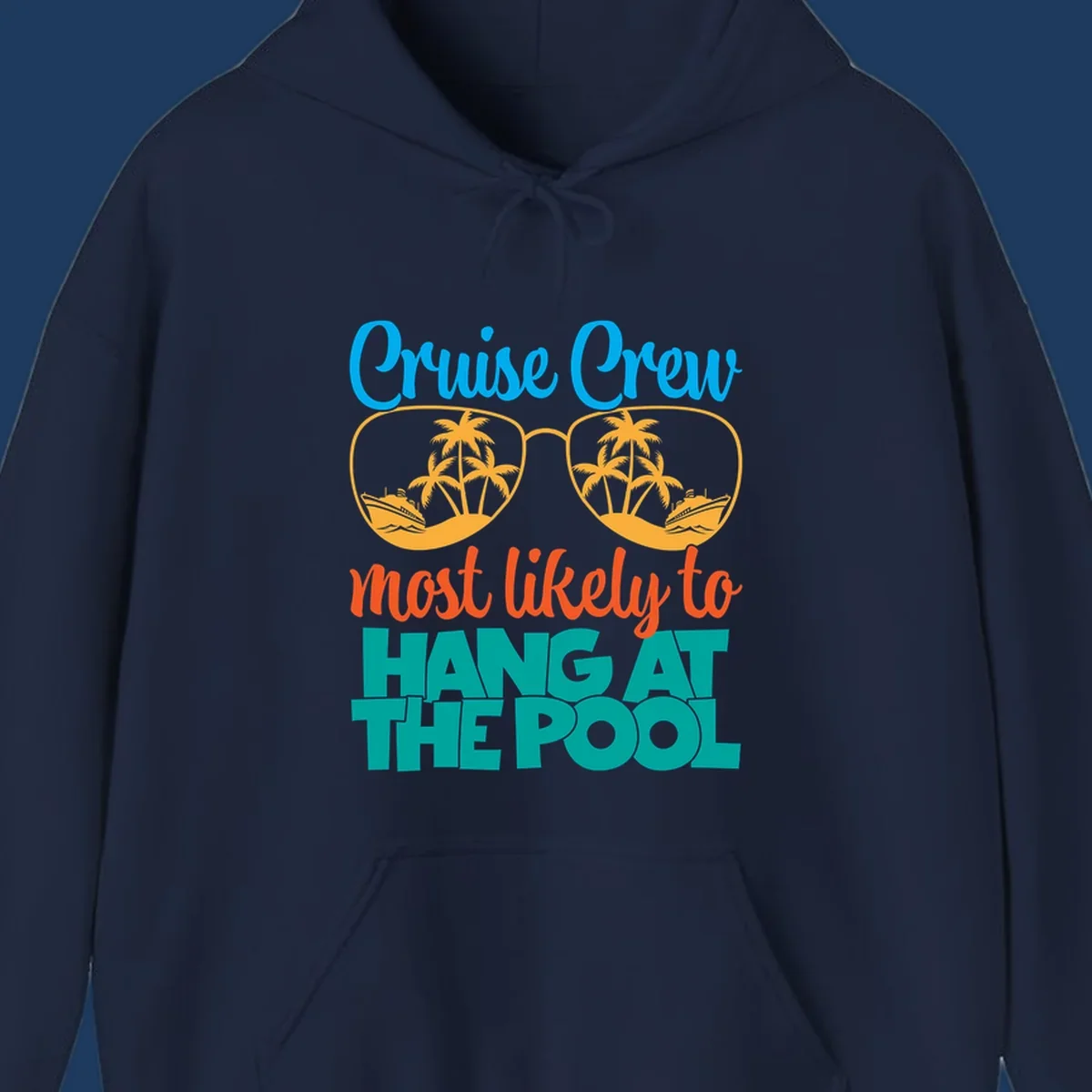 Cruise crew pool hang design with sunglasses, palm trees, and cruise ships in tropical scene