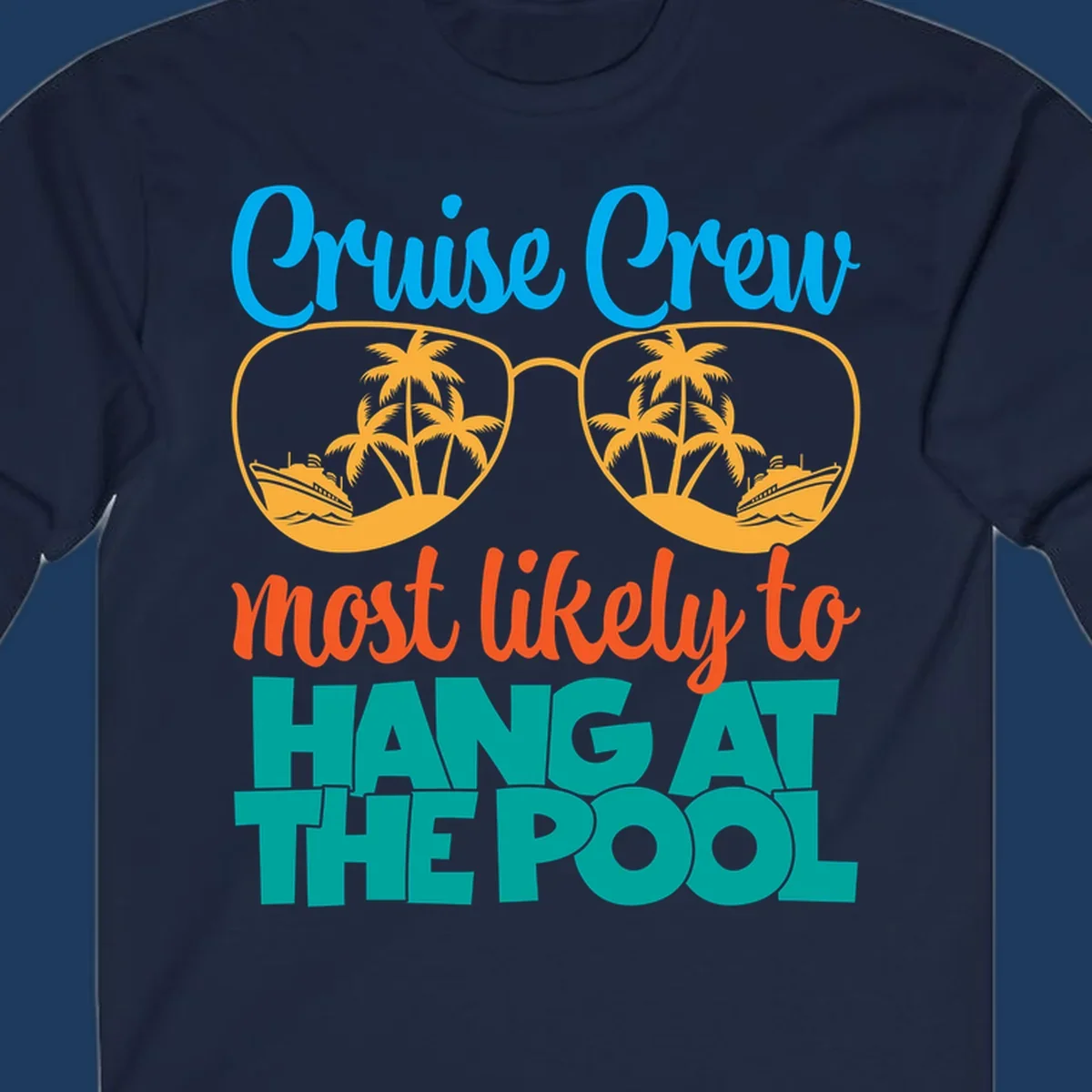 Cruise crew pool hang design with sunglasses, palm trees, and cruise ships in tropical scene