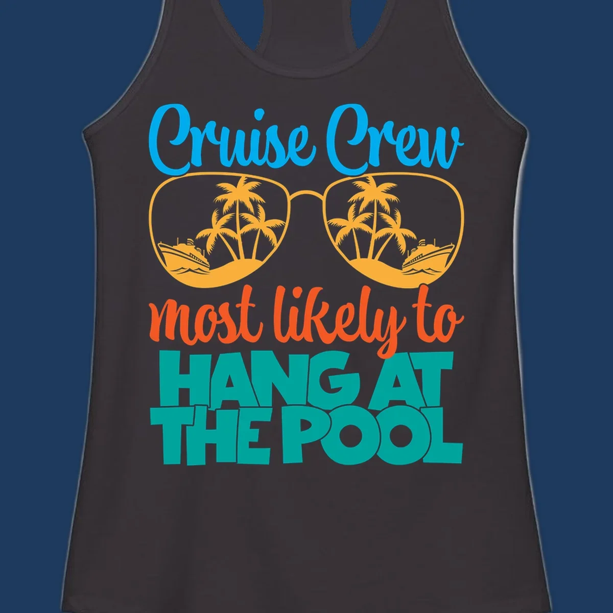 Cruise crew pool hang design with sunglasses, palm trees, and cruise ships in tropical scene