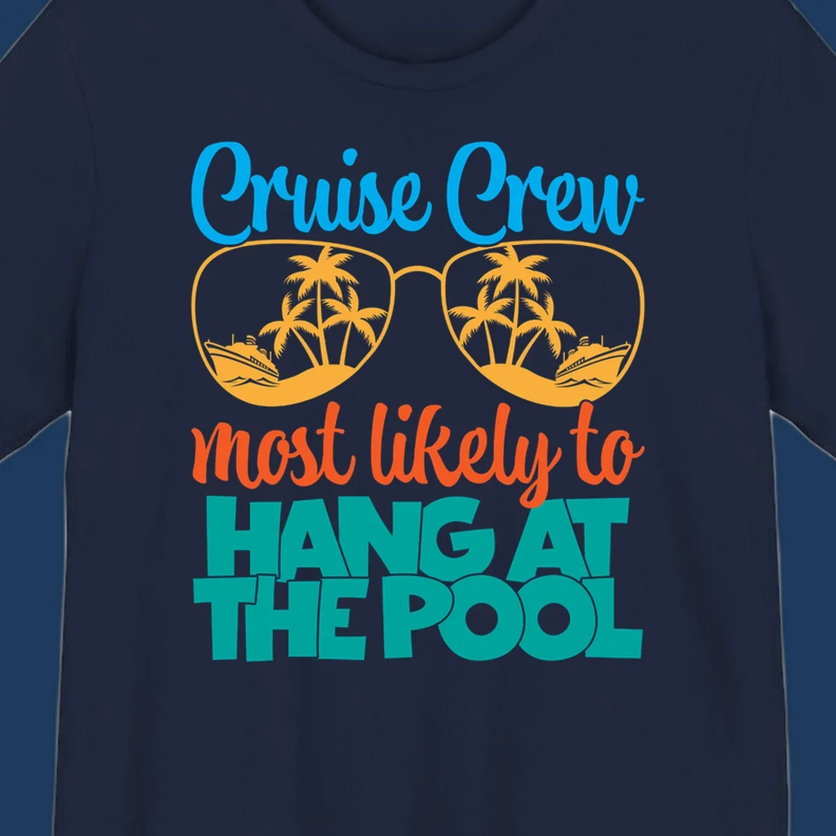Cruise crew pool hang design with sunglasses, palm trees, and cruise ships in tropical scene