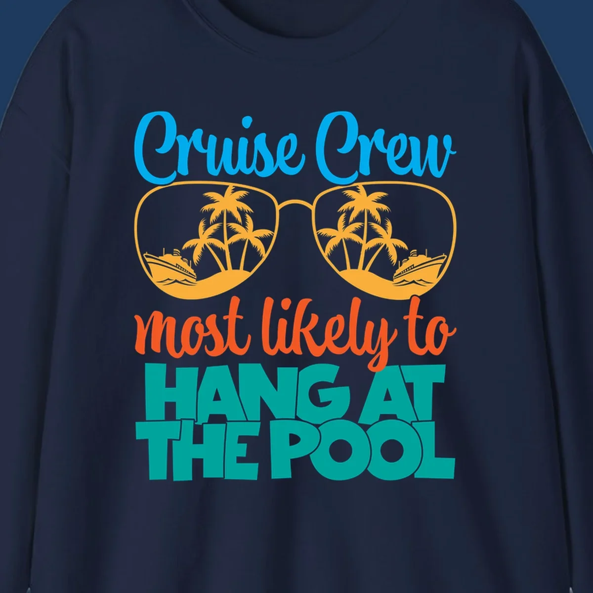Cruise crew pool hang design with sunglasses, palm trees, and cruise ships in tropical scene
