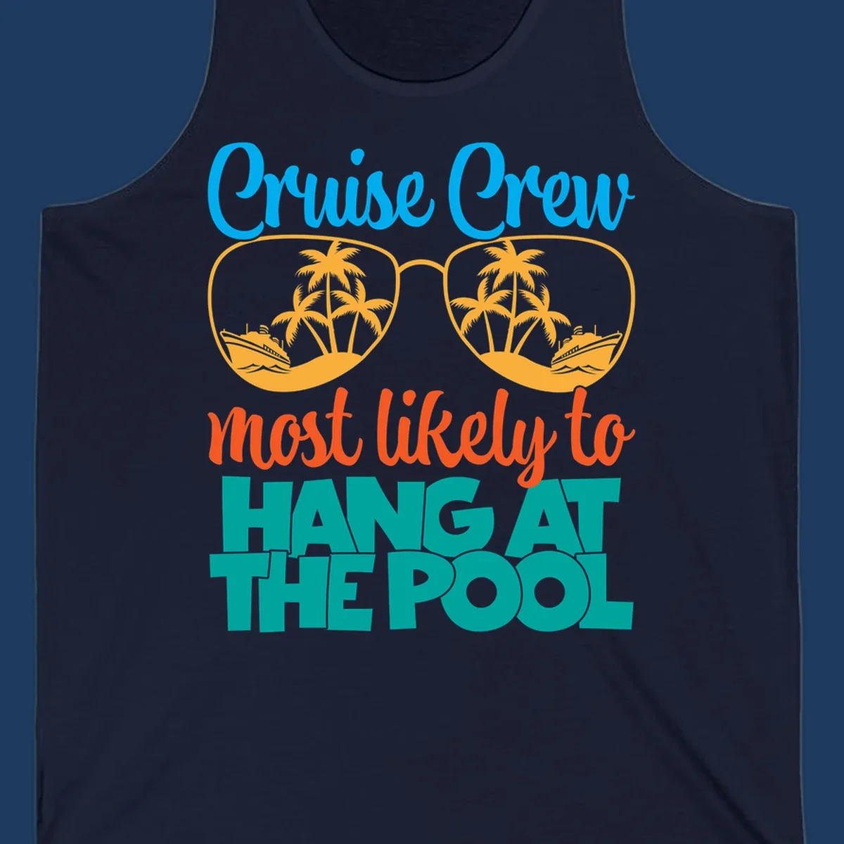 Cruise crew pool hang design with sunglasses, palm trees, and cruise ships in tropical scene