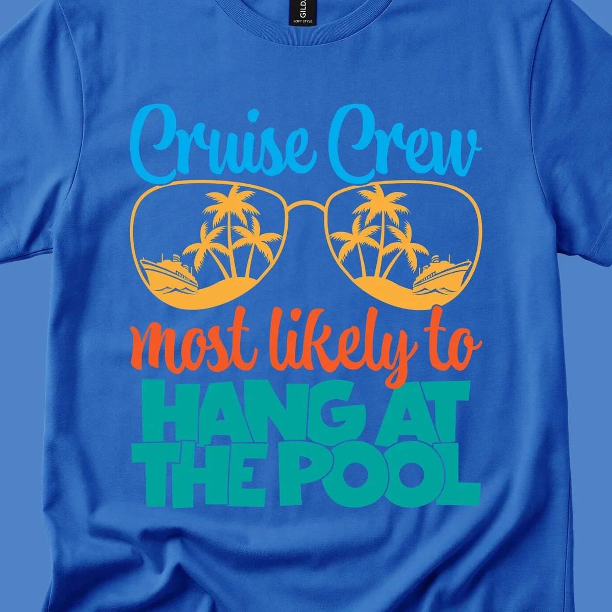 Cruise crew pool hang design with sunglasses, palm trees, and cruise ships in tropical scene