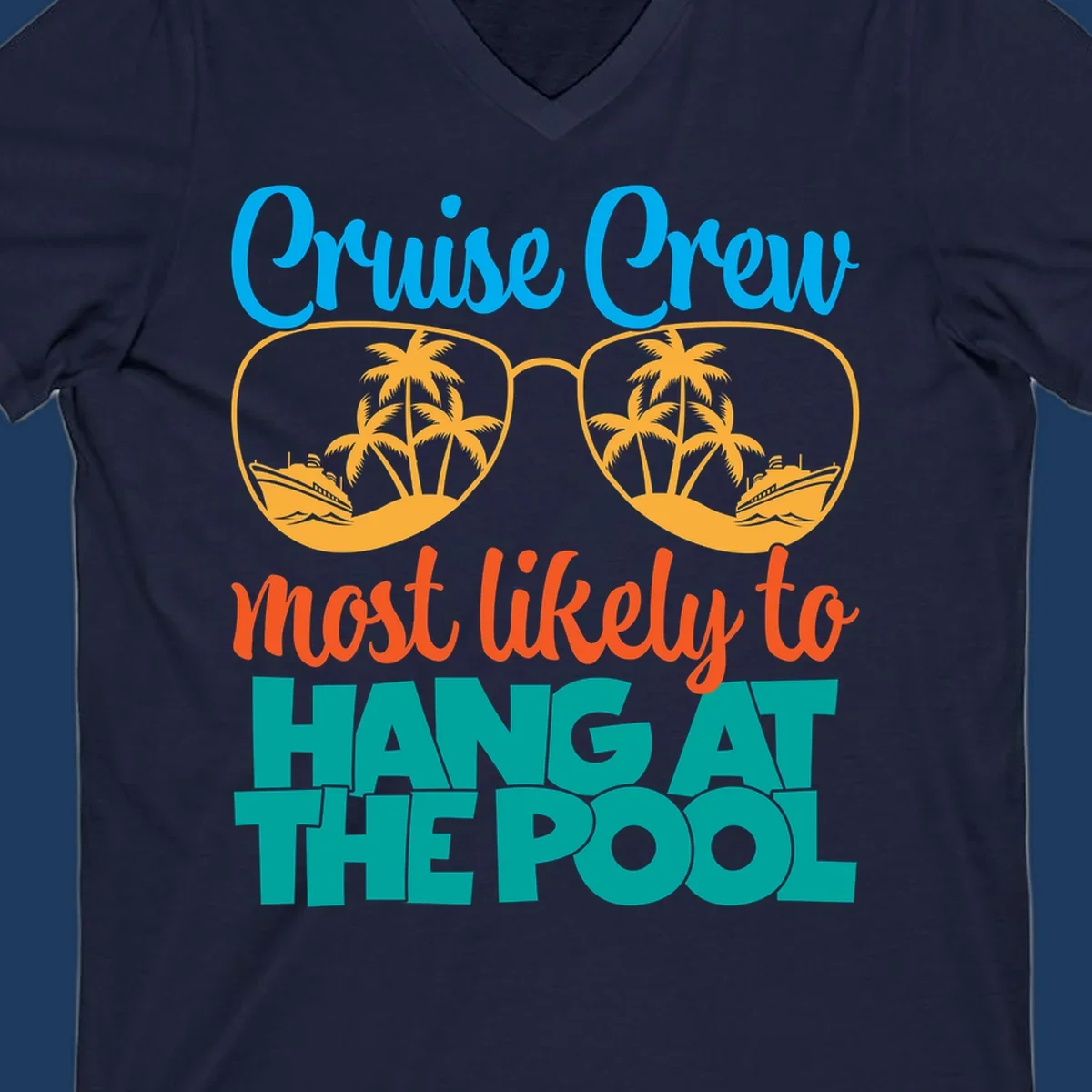 Cruise crew pool hang design with sunglasses, palm trees, and cruise ships in tropical scene