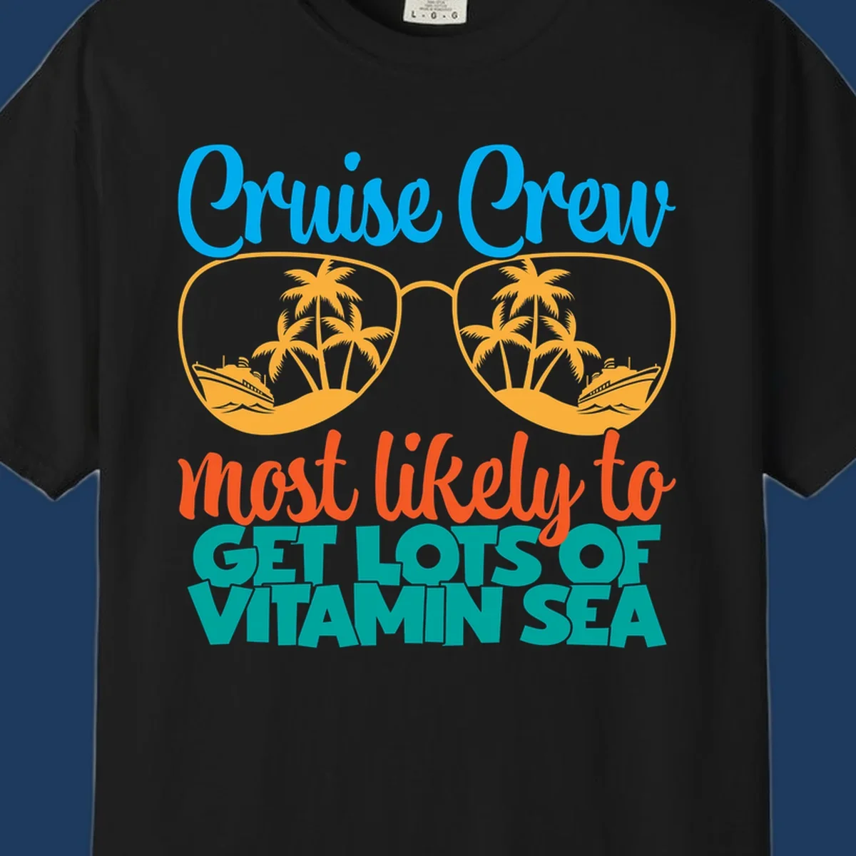 Cruise crew vitamin sea design with oversized sunglasses containing palm trees and ships, playful text about getting lost on vacation