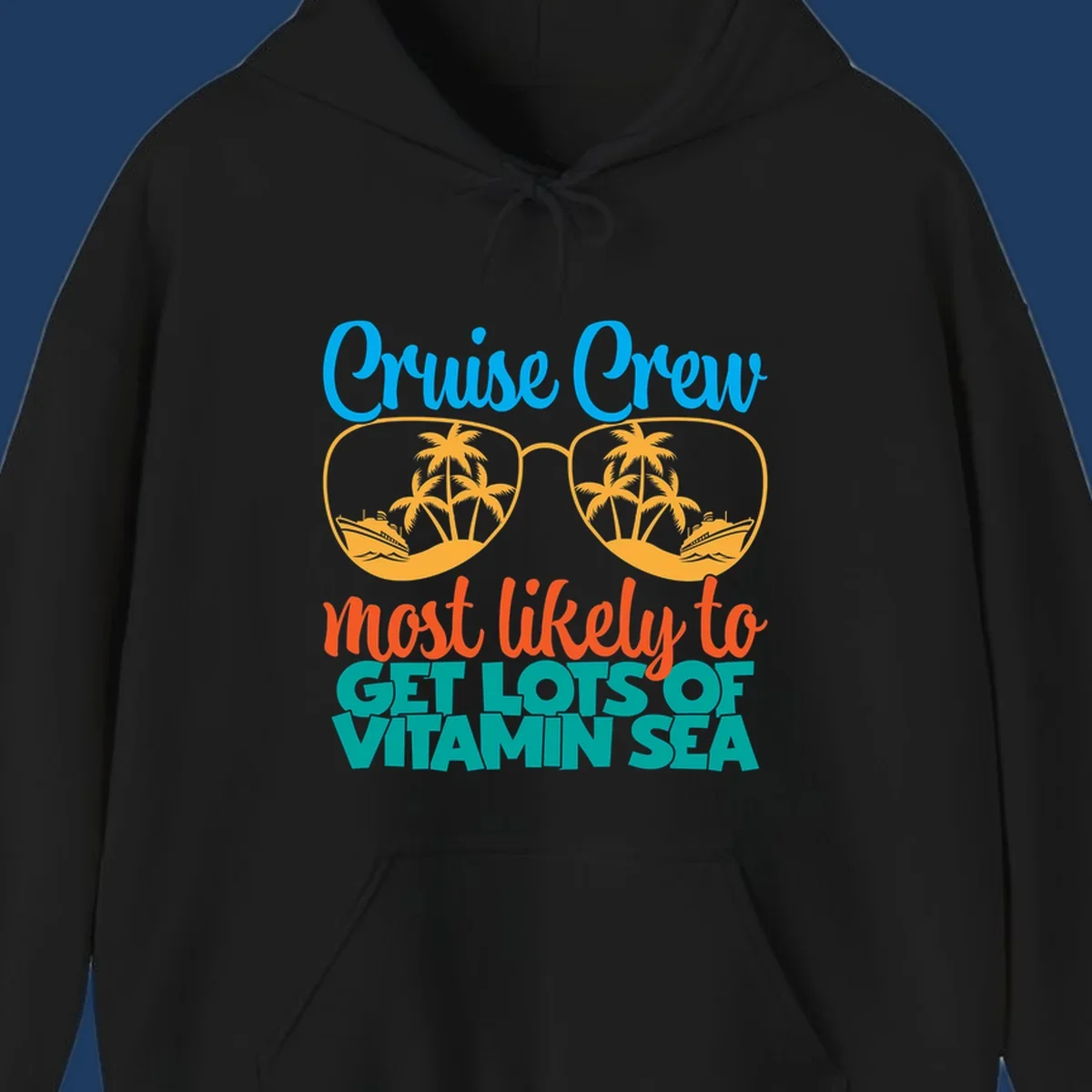 Cruise crew vitamin sea design with oversized sunglasses containing palm trees and ships, playful text about getting lost on vacation