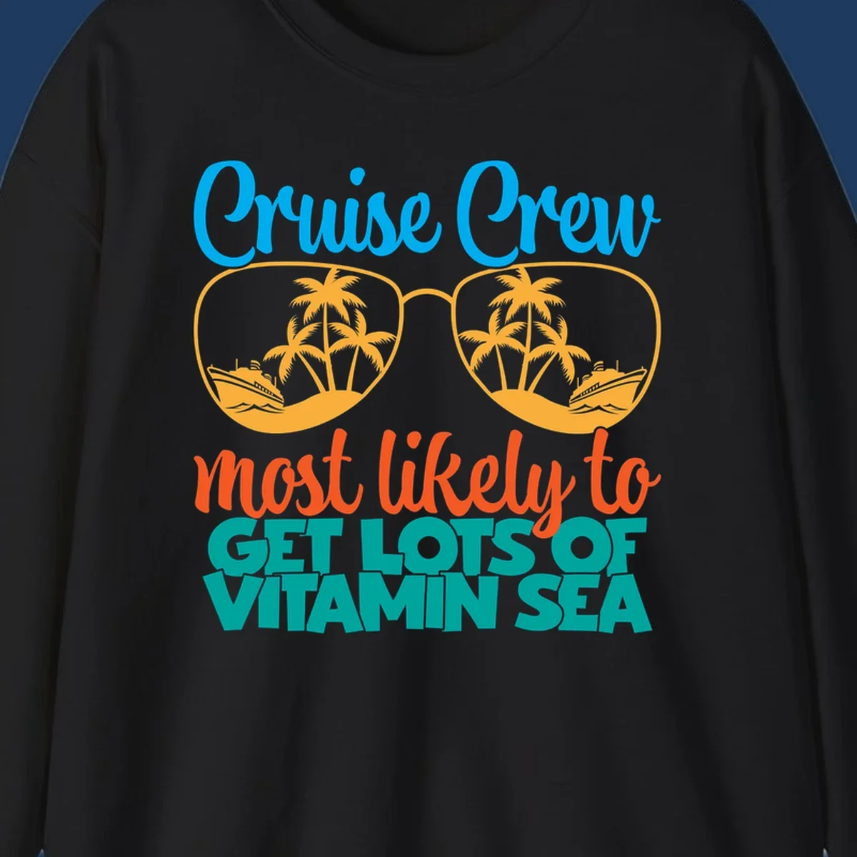 Cruise crew vitamin sea design with oversized sunglasses containing palm trees and ships, playful text about getting lost on vacation