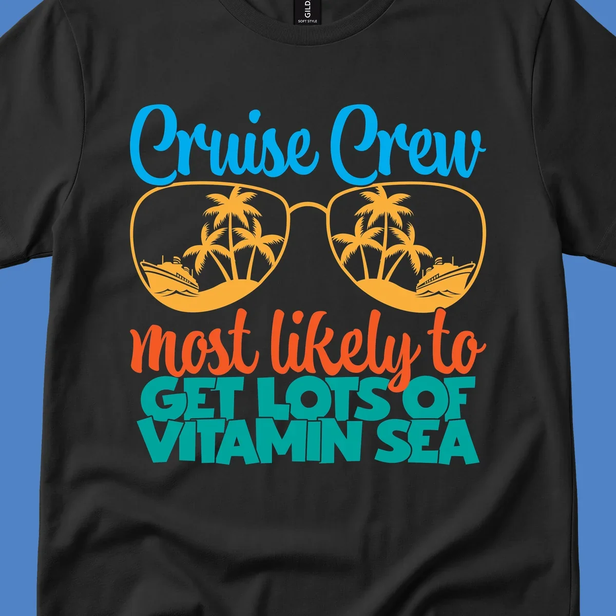 Cruise crew vitamin sea design with oversized sunglasses containing palm trees and ships, playful text about getting lost on vacation