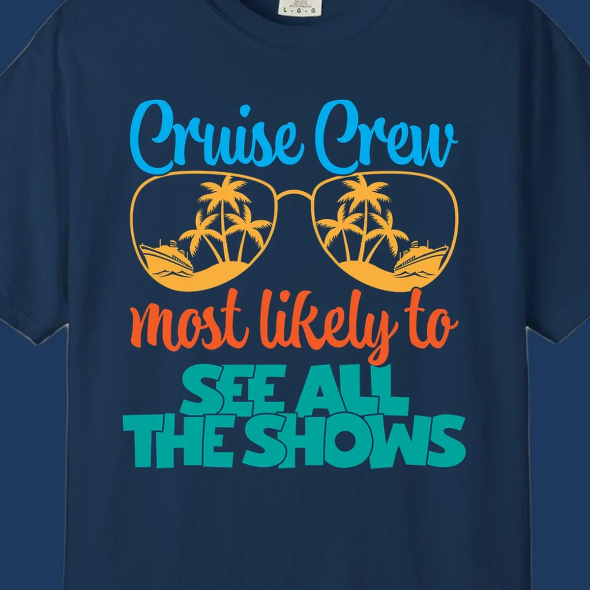 Cruise crew most likely to see all the shows design with oversized sunglasses reflecting palm trees and cruise ships