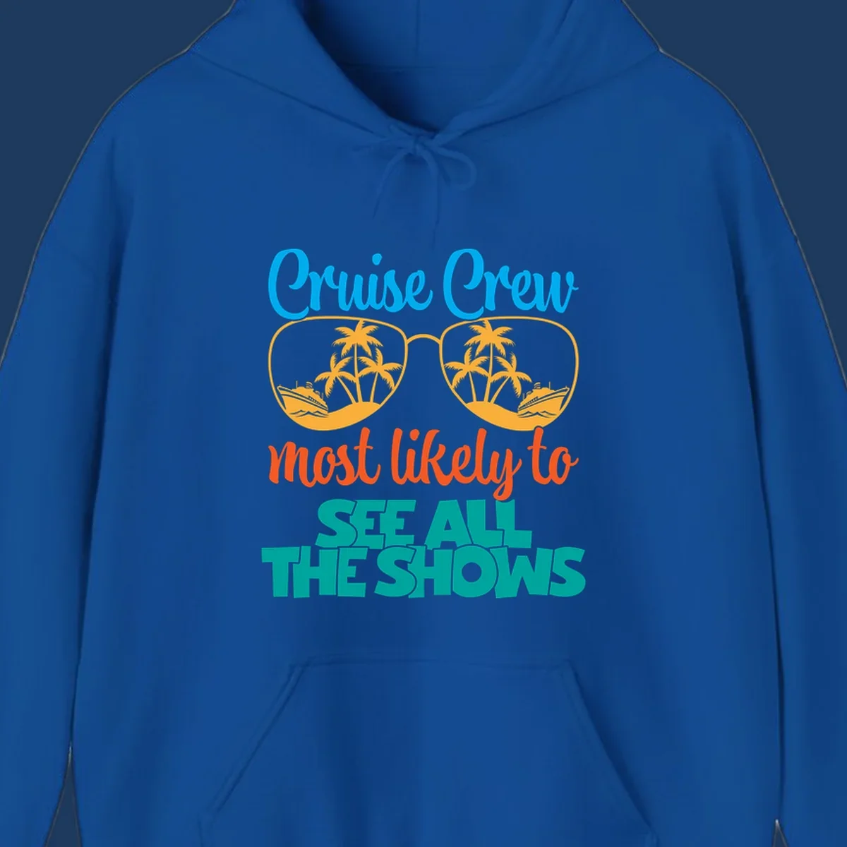 Cruise crew most likely to see all the shows design with oversized sunglasses reflecting palm trees and cruise ships
