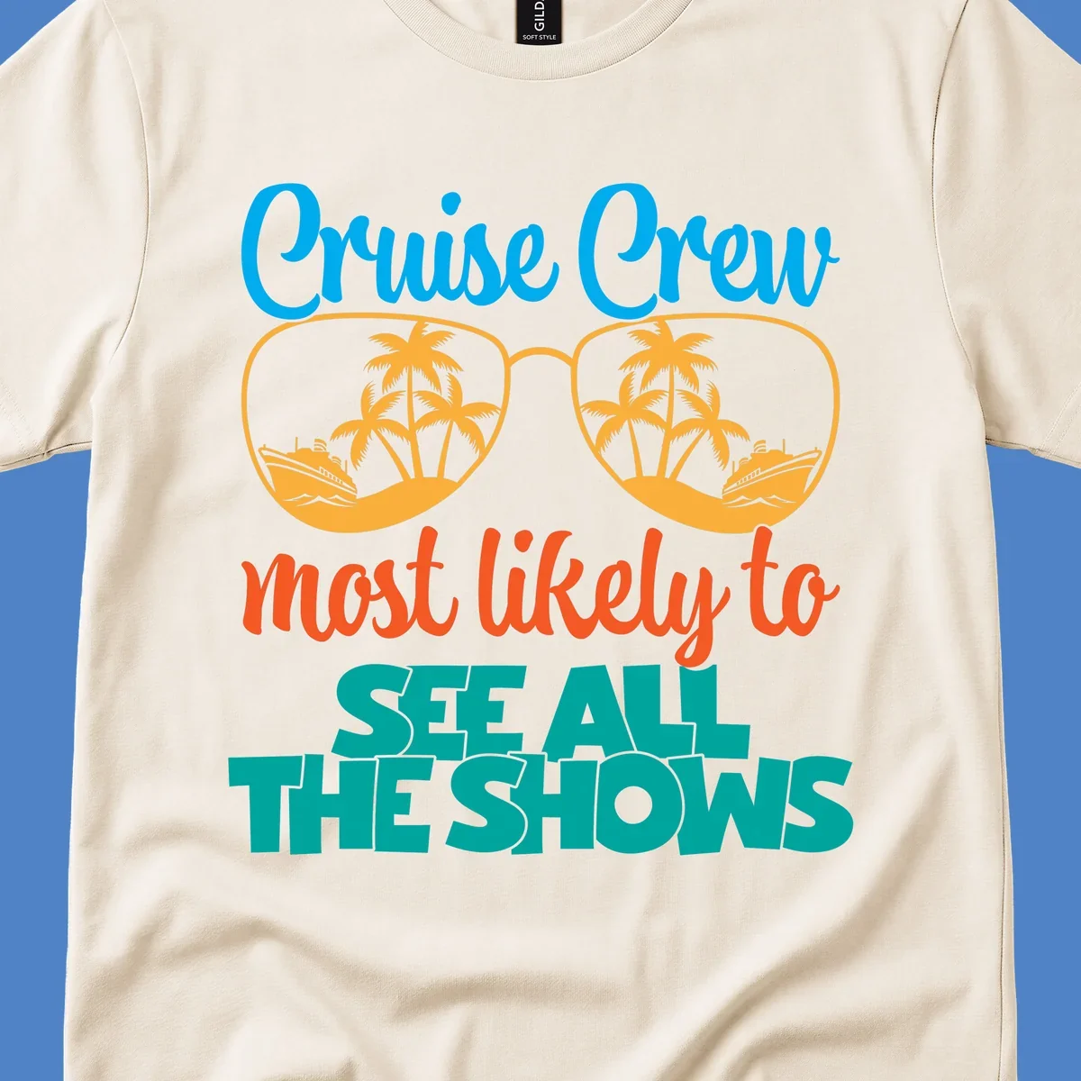 Cruise crew most likely to see all the shows design with oversized sunglasses reflecting palm trees and cruise ships